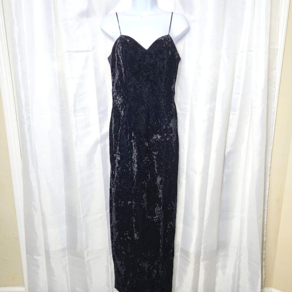 Be Smart Crushed Velvet Maxi Dress Black Sweetheart Slit Vampy VTG 90s 10